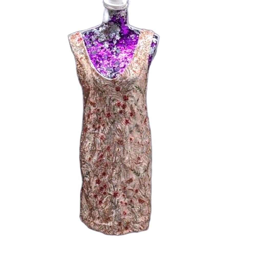 Quiet Luxury Carla Conti Italy Rose Gold Sequin Floral Art Deco Mini Dress New M